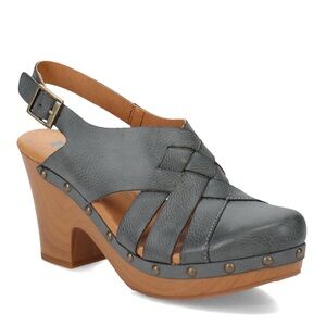 Korks- Gray /Blue Faux Leather Slingback Platform Mules. Size 8